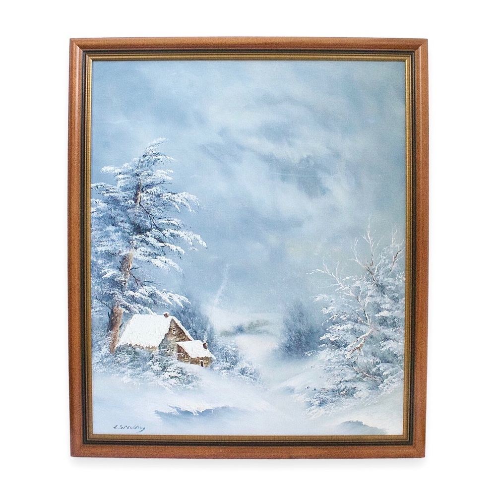 LeGrand Spaulding Oil Painting Winter Scene Cottage Snow Large Framed Canvas